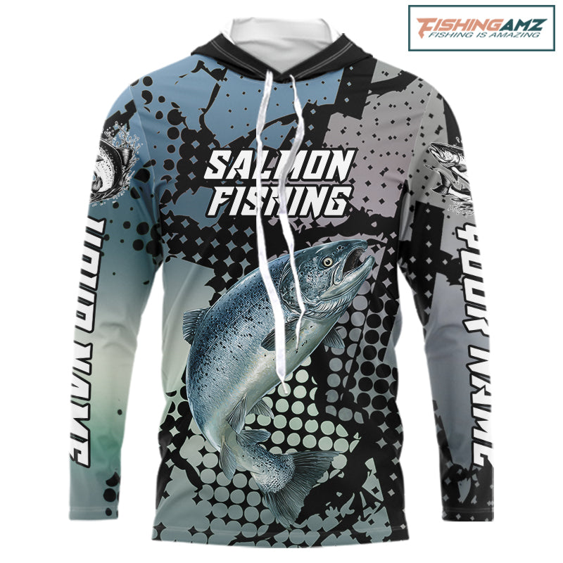 Chinook Salmon Hooded Fishing Shirt Gray Camo Custom Name, Chinook Salmon Fishing Team Jerseys NHT478