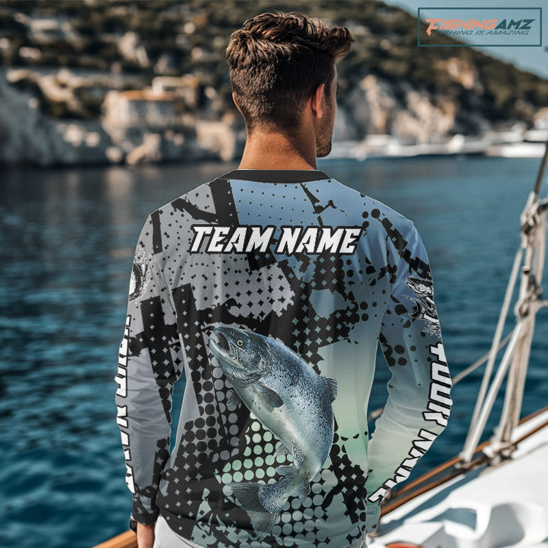 Chinook Salmon Fishing Shirt Gray Camo Custom Name, Chinook Salmon Fishing Team Jerseys NHT478