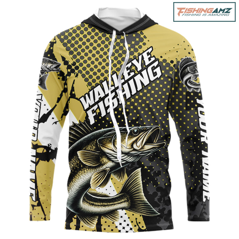 Personalized Walleye Hooded Fishing Shirts Long Sleeve, Yellow Camo Walleye Fishing Shirts NHT483