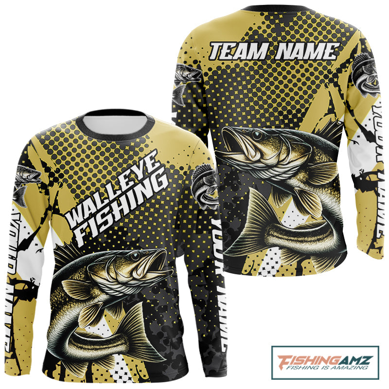 Personalized Walleye Fishing Shirts Long Sleeve, Yellow Camo Walleye Fishing Shirts NHT483