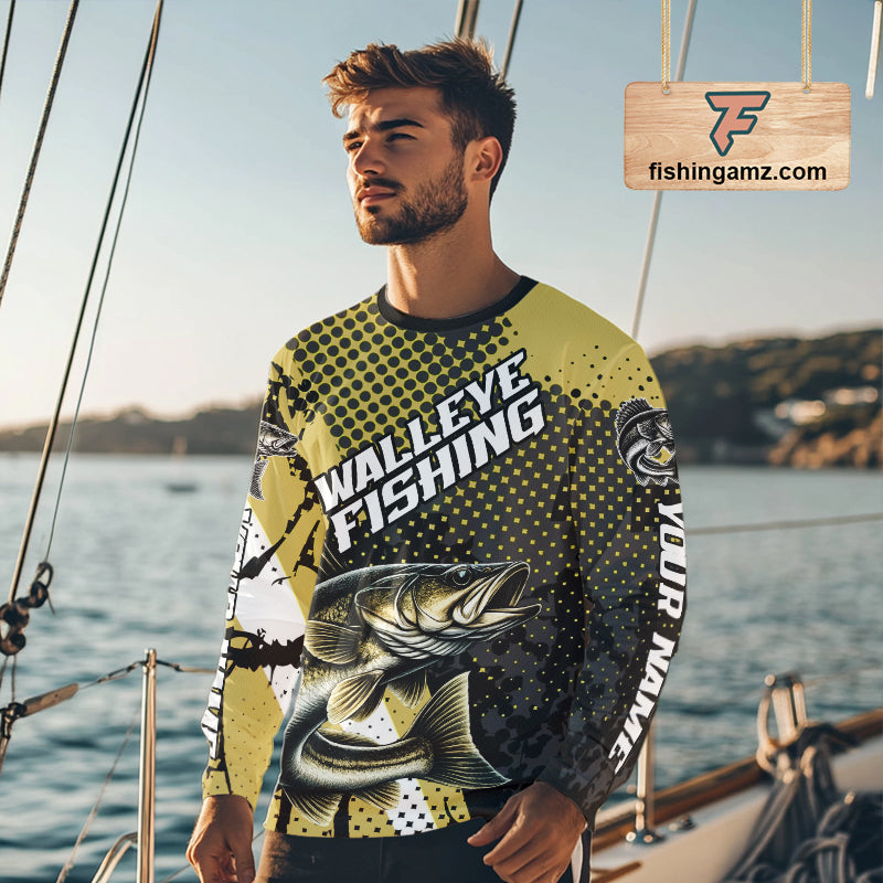 Personalized Walleye Fishing Shirts Long Sleeve, Yellow Camo Walleye Fishing Shirts NHT483