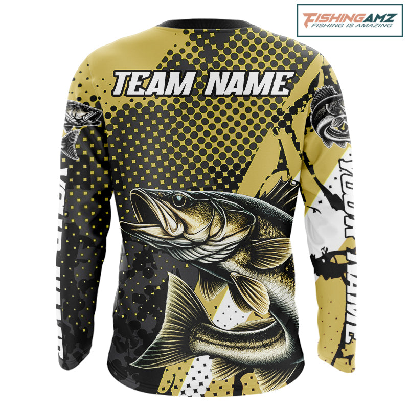 Personalized Walleye Fishing Shirts Long Sleeve, Yellow Camo Walleye Fishing Shirts NHT483