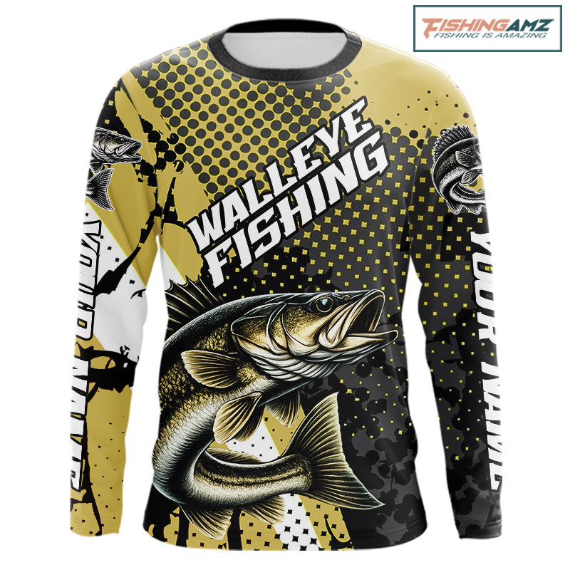 Personalized Walleye Fishing Shirts Long Sleeve, Yellow Camo Walleye Fishing Shirts NHT483