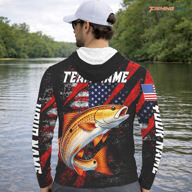 Patriotic redfish fishing jersey, fishing shirts long sleeve hooded custom name for men