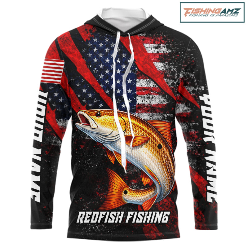 Patriotic redfish fishing jersey, fishing shirts long sleeve hooded custom name for men