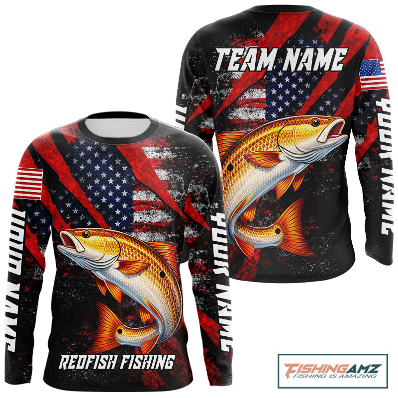 Patriotic redfish fishing jersey, fishing shirts long sleeve custom name for men