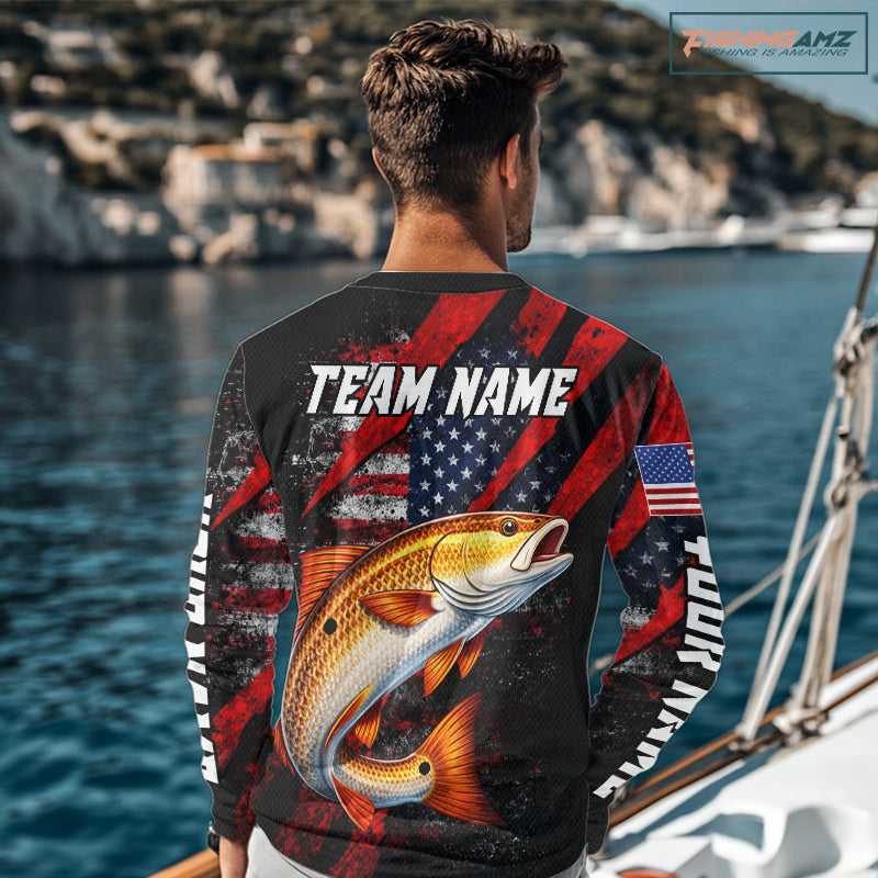 Patriotic redfish fishing jersey, fishing shirts long sleeve custom name for men
