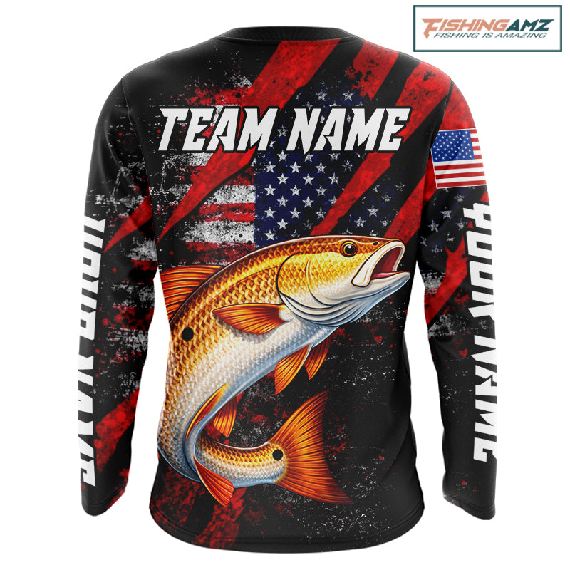 Patriotic redfish fishing jersey, fishing shirts long sleeve custom name for men