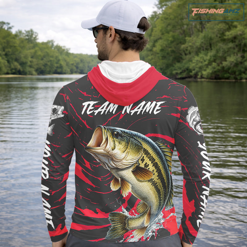 Custom Largemouth Bass Fishing Shirts Long Sleeve Hooded – Performance Tournament Jersey For Men| Red NHT769