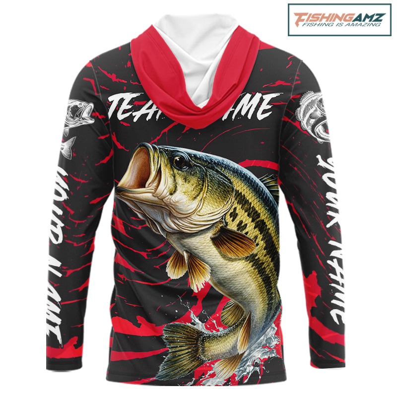 Custom Largemouth Bass Fishing Shirts Long Sleeve Hooded – Performance Tournament Jersey For Men| Red NHT769