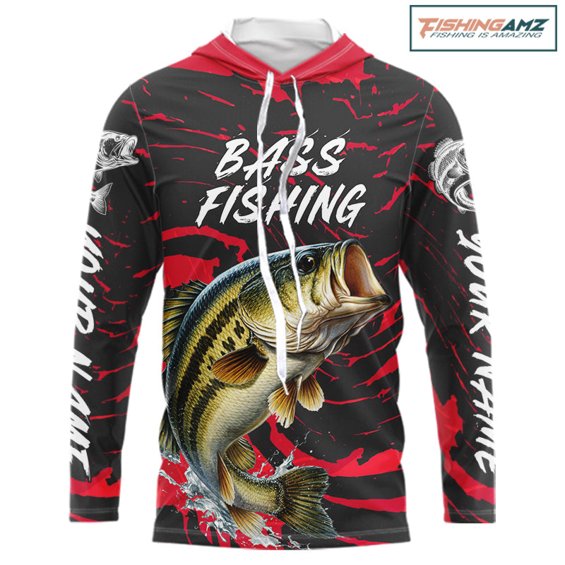 Custom Largemouth Bass Fishing Shirts Long Sleeve Hooded – Performance Tournament Jersey For Men| Red NHT769