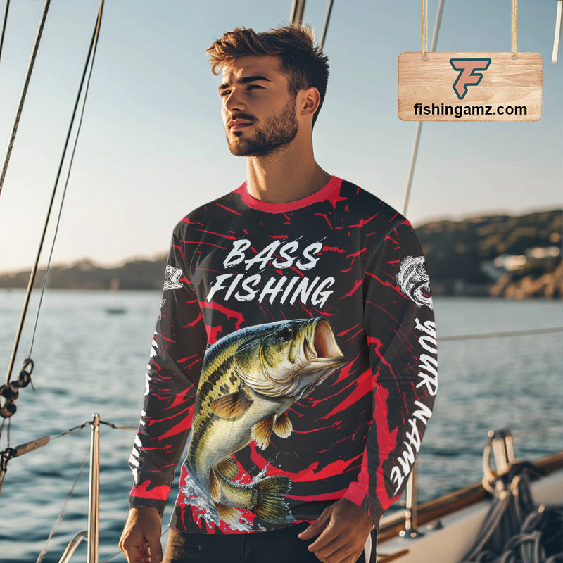Custom Largemouth Bass Fishing Shirts Long Sleeve – Performance Tournament Jersey For Men| Red NHT769