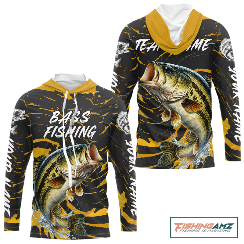 Custom Largemouth Bass Fishing Shirts Long Sleeve Hooded – Performance Tournament Jersey For Men| Yellow NHT770