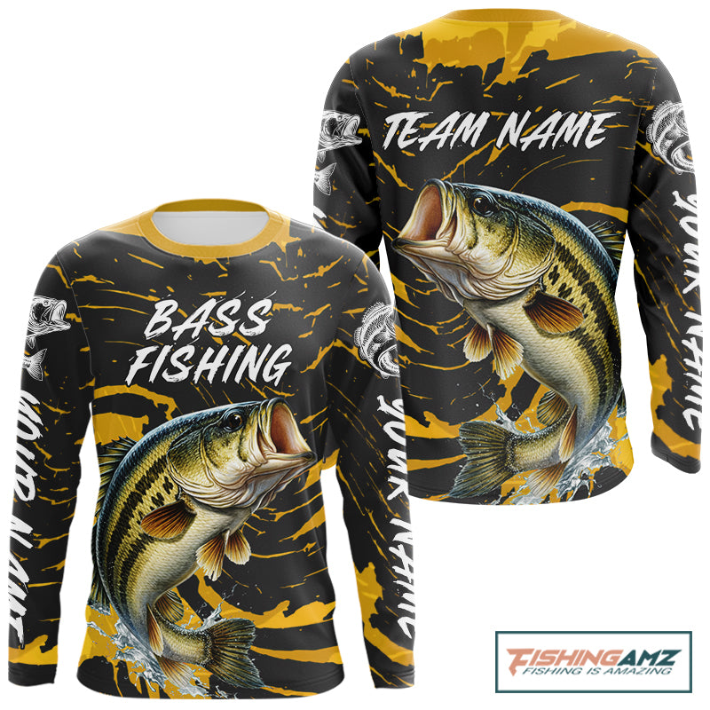 Custom Largemouth Bass Fishing Shirts Long Sleeve – Performance Tournament Jersey For Men| Yellow NHT770