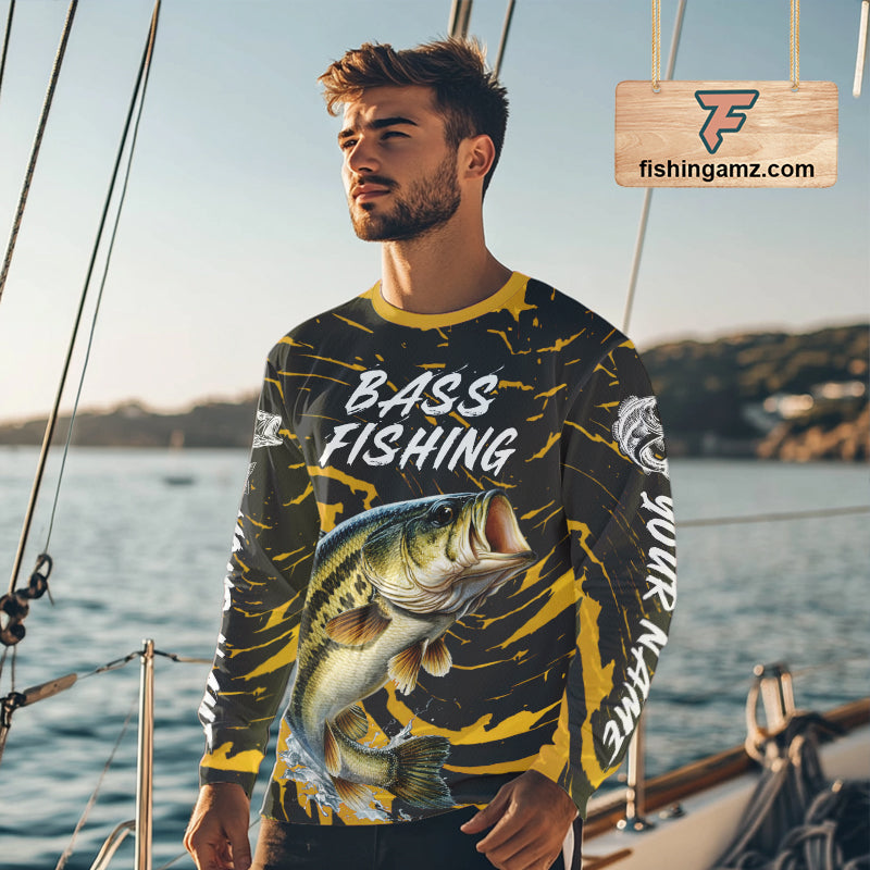 Custom Largemouth Bass Fishing Shirts Long Sleeve – Performance Tournament Jersey For Men| Yellow NHT770
