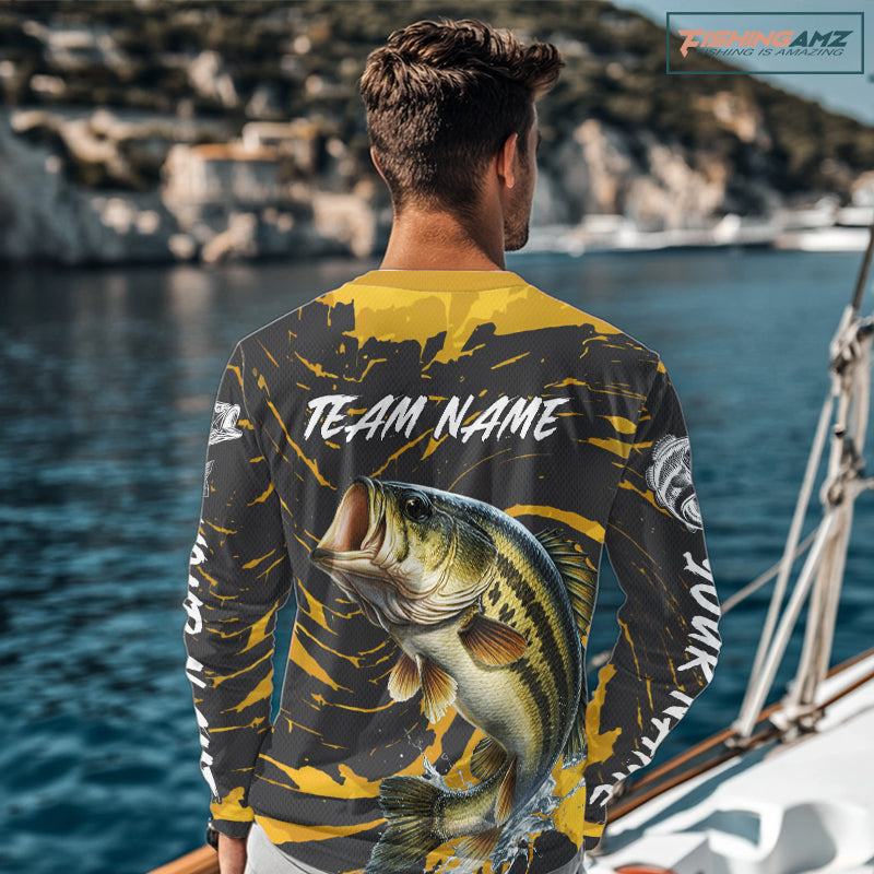 Custom Largemouth Bass Fishing Shirts Long Sleeve – Performance Tournament Jersey For Men| Yellow NHT770