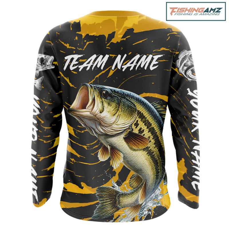 Custom Largemouth Bass Fishing Shirts Long Sleeve – Performance Tournament Jersey For Men| Yellow NHT770