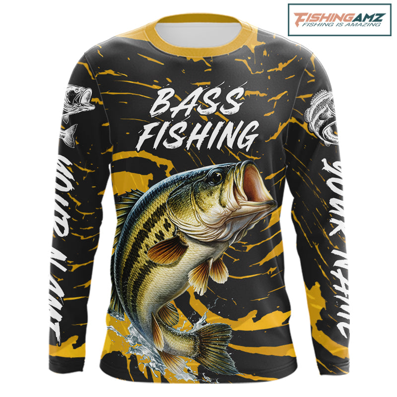 Custom Largemouth Bass Fishing Shirts Long Sleeve – Performance Tournament Jersey For Men| Yellow NHT770