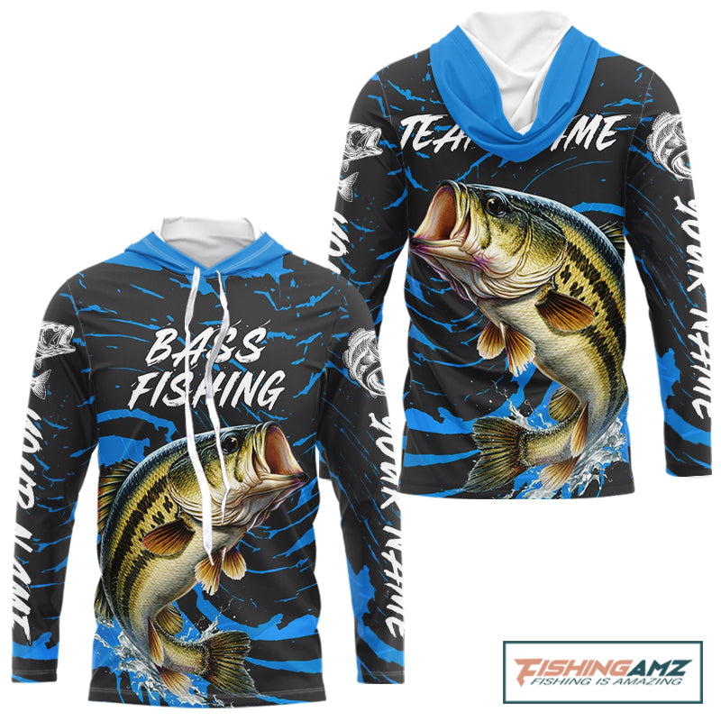 Custom Largemouth Bass Fishing Shirts Long Sleeve Hooded – Performance Tournament Jersey For Men| Blue NHT771