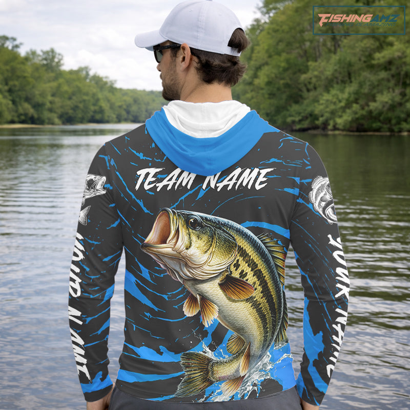 Custom Largemouth Bass Fishing Shirts Long Sleeve Hooded – Performance Tournament Jersey For Men| Blue NHT771