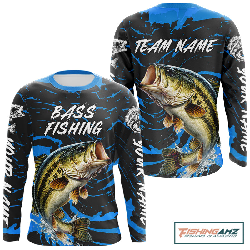 Custom Largemouth Bass Fishing Shirts Long Sleeve – Performance Tournament Jersey For Men| Blue NHT771