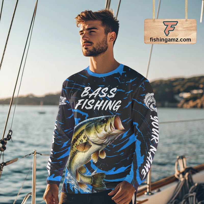 Custom Largemouth Bass Fishing Shirts Long Sleeve – Performance Tournament Jersey For Men| Blue NHT771