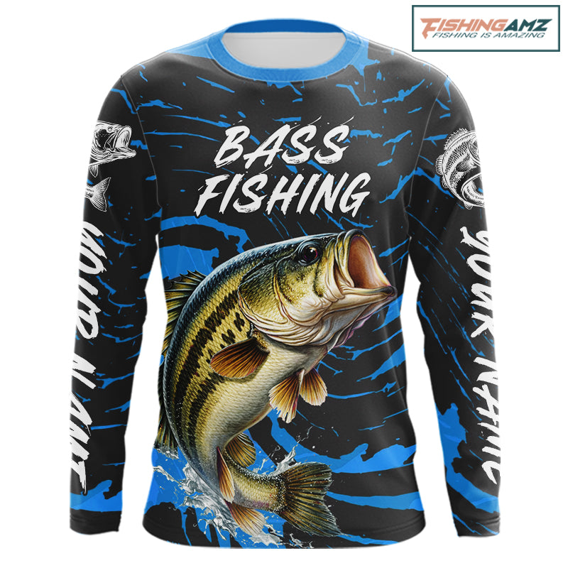 Custom Largemouth Bass Fishing Shirts Long Sleeve – Performance Tournament Jersey For Men| Blue NHT771