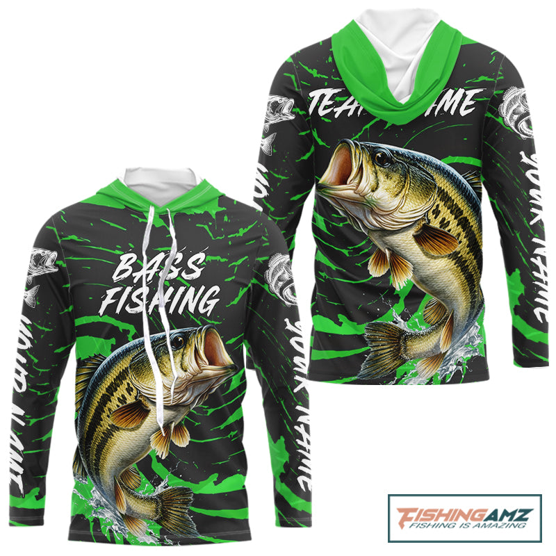 Custom Largemouth Bass Fishing Shirts Long Sleeve Hooded – Performance Tournament Jersey For Men| Green NHT772