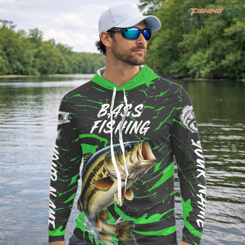 Custom Largemouth Bass Fishing Shirts Long Sleeve Hooded – Performance Tournament Jersey For Men| Green NHT772