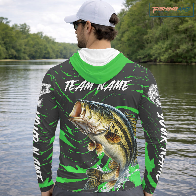 Custom Largemouth Bass Fishing Shirts Long Sleeve Hooded – Performance Tournament Jersey For Men| Green NHT772
