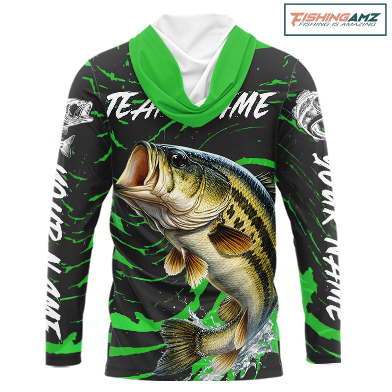 Custom Largemouth Bass Fishing Shirts Long Sleeve Hooded – Performance Tournament Jersey For Men| Green NHT772