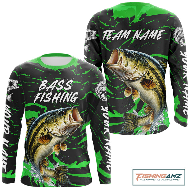 Custom Largemouth Bass Fishing Shirts Long Sleeve – Performance Tournament Jersey For Men| Green NHT772