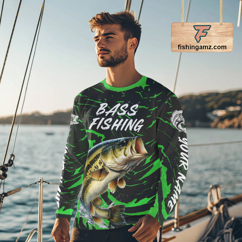 Custom Largemouth Bass Fishing Shirts Long Sleeve – Performance Tournament Jersey For Men| Green NHT772