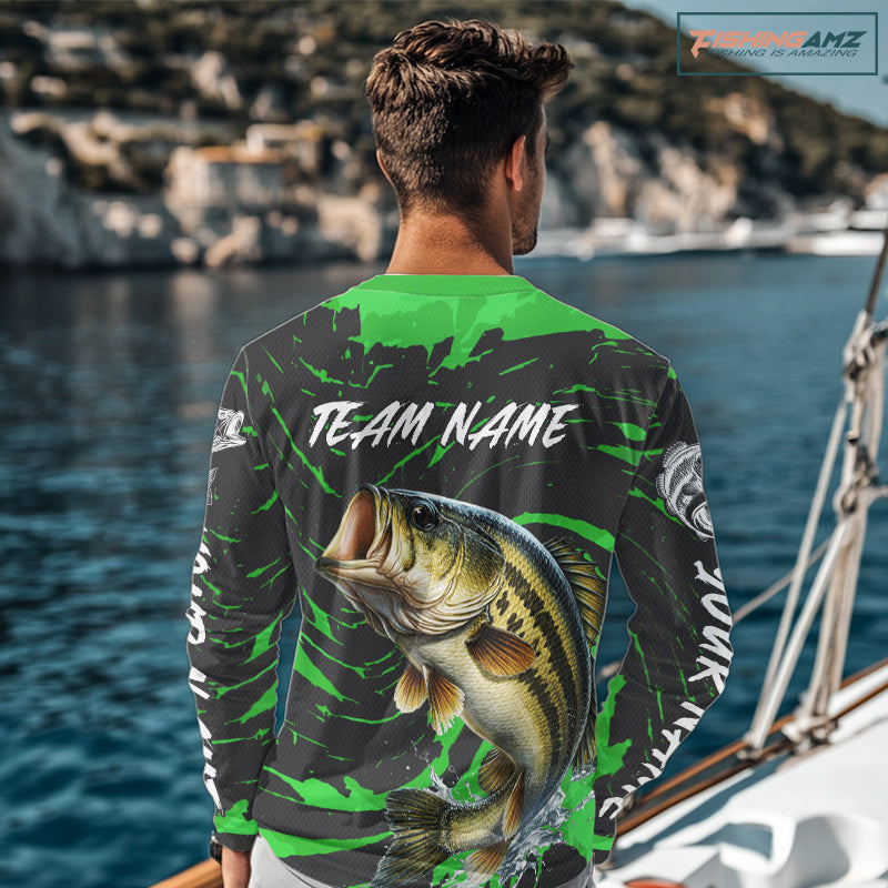 Custom Largemouth Bass Fishing Shirts Long Sleeve – Performance Tournament Jersey For Men| Green NHT772