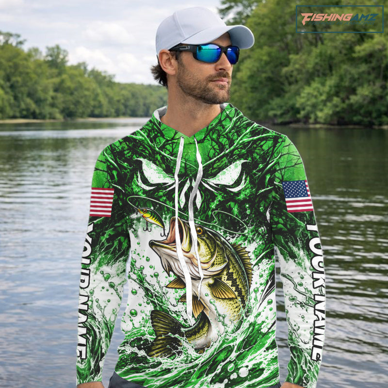 Jumping Bass Catch Lure Hooded Fishing Shirt Personalized Monster Eyes Splash Green Water Outdoor Apparel NHT1736