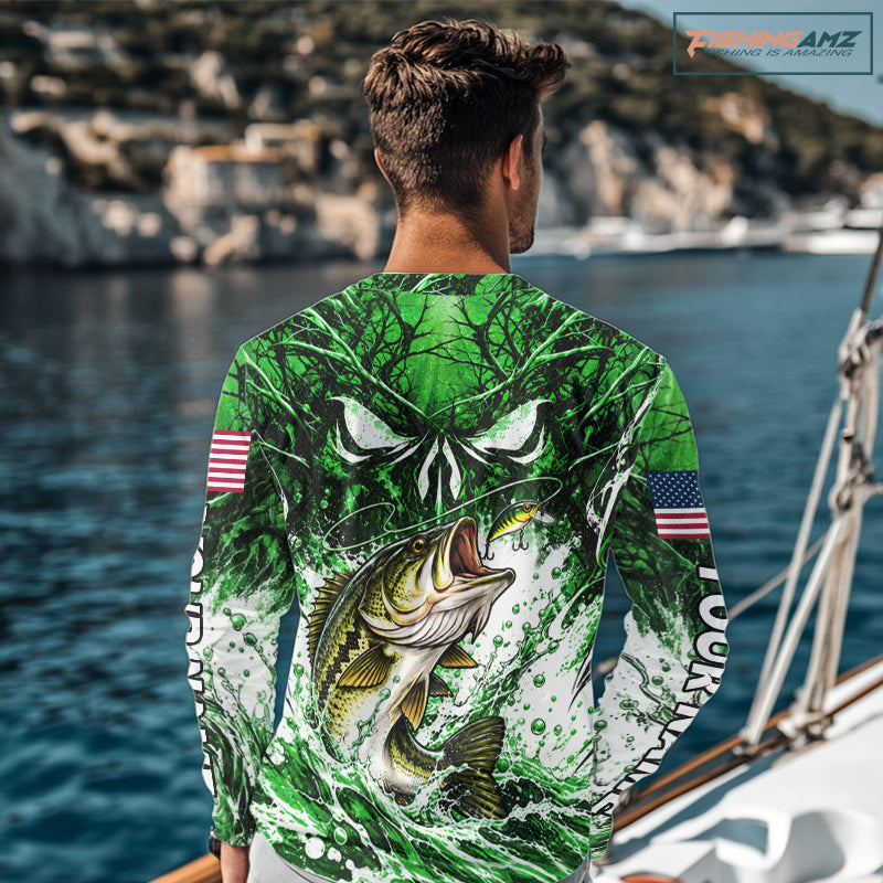 Jumping Bass Catch Lure Fishing Shirt Long Sleeve Personalized Monster Eyes Splash Green Water Outdoor Apparel NHT1736
