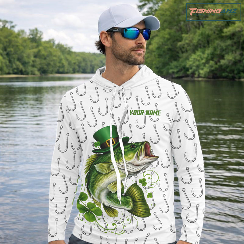 Custom St Patrick's Day Bass Fishing Hooded Long Sleeve Shirt For Men, Performance Fishing Shirts NHT423