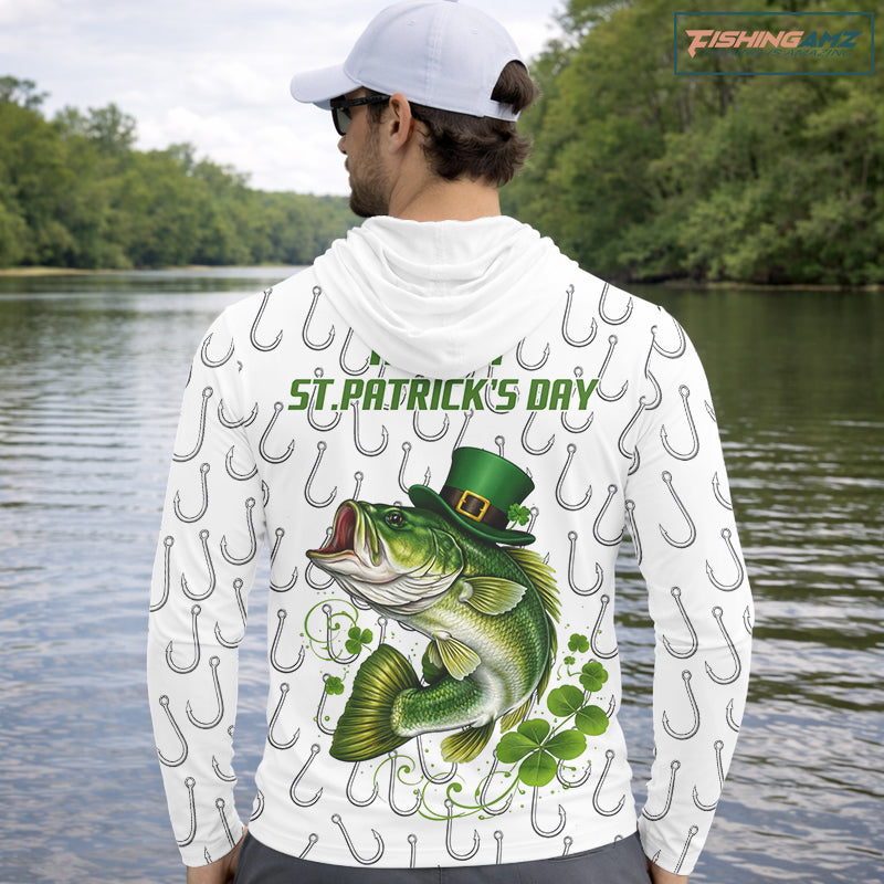 Custom St Patrick's Day Bass Fishing Hooded Long Sleeve Shirt For Men, Performance Fishing Shirts NHT423