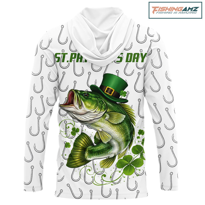 Custom St Patrick's Day Bass Fishing Hooded Long Sleeve Shirt For Men, Performance Fishing Shirts NHT423