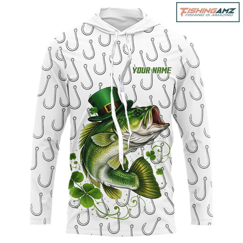 Custom St Patrick's Day Bass Fishing Hooded Long Sleeve Shirt For Men, Performance Fishing Shirts NHT423