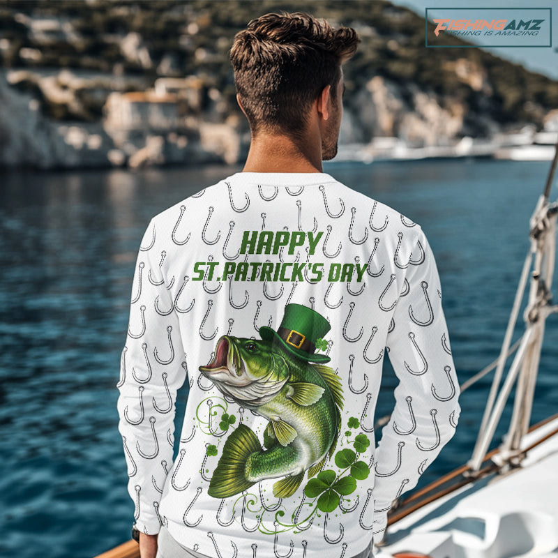 Custom St Patrick's Day Bass Fishing Long Sleeve Shirt For Men, Performance Fishing Shirts NHT423