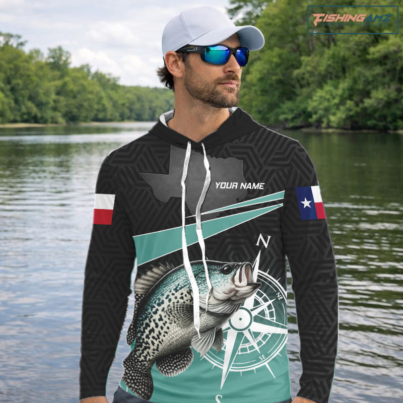 Texas Crappie Fishing Jersey, Texas Flag Patriot Custom Name Hooded Fishing Shirts Long Sleeve NHT568