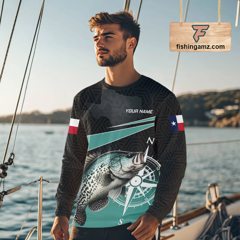 Texas Crappie Fishing Jersey, Texas Flag Patriot Custom Name Fishing Shirts Long Sleeve NHT568