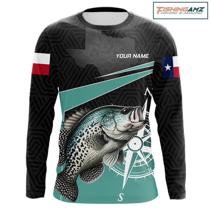 Texas Crappie Fishing Jersey, Texas Flag Patriot Custom Name Fishing Shirts Long Sleeve NHT568
