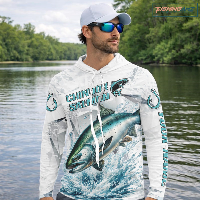 Personalized Chinook Salmon Fishing Jerseys, Salmon Hooded Long Sleeve Fishing Shirts For Men NHT571