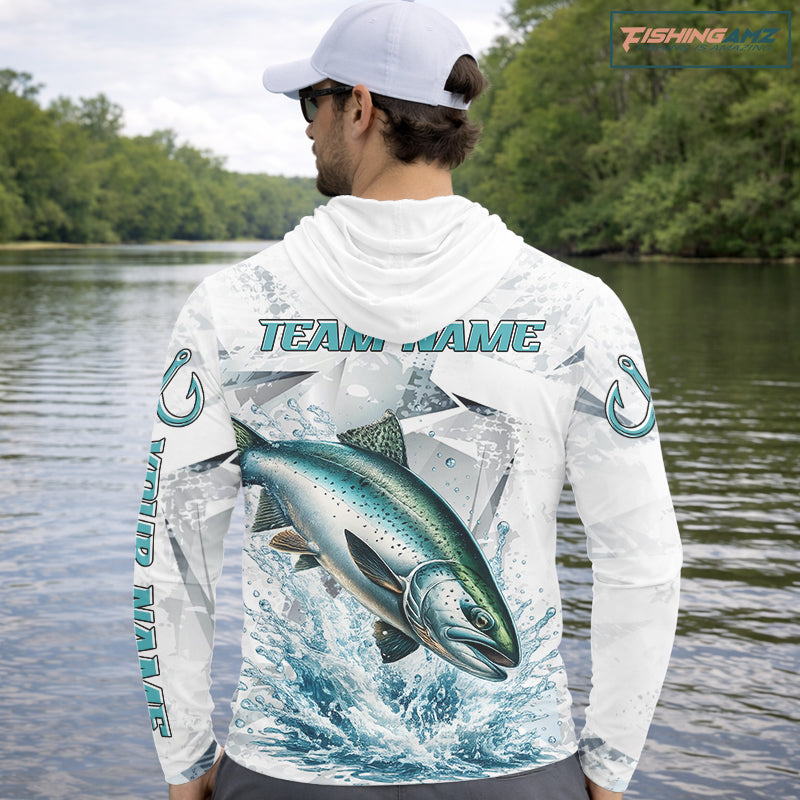 Personalized Chinook Salmon Fishing Jerseys, Salmon Hooded Long Sleeve Fishing Shirts For Men NHT571