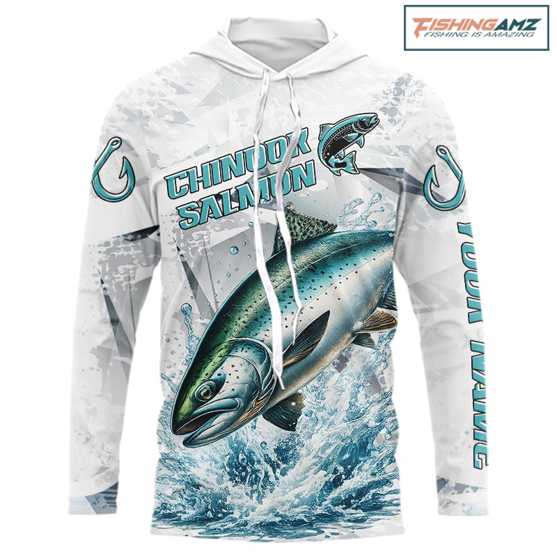 Personalized Chinook Salmon Fishing Jerseys, Salmon Hooded Long Sleeve Fishing Shirts For Men NHT571