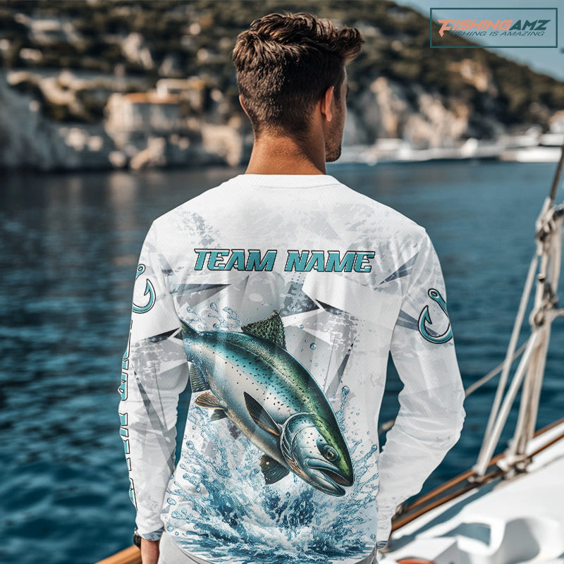 Personalized Chinook Salmon Fishing Jerseys, Salmon Long Sleeve Fishing Shirts For Men NHT571