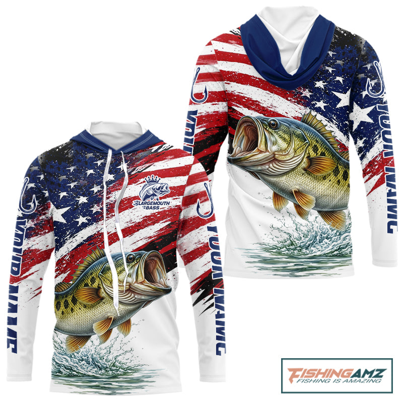 Personalized Patriotic Bass Fishing Shirts Long Sleeve Hooded, American Flag Fishing Jerseys For Men NHT773