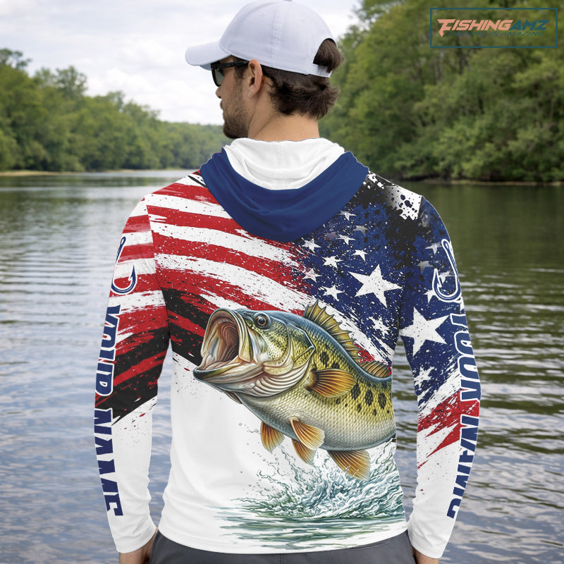 Personalized Patriotic Bass Fishing Shirts Long Sleeve Hooded, American Flag Fishing Jerseys For Men NHT773